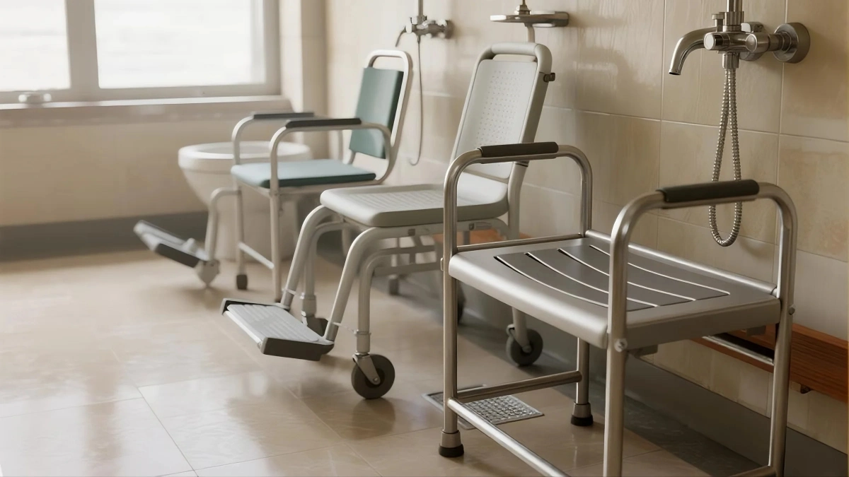 Interior view of a bathroom with two shower chairs and a commode, designed for accessibility and comfort. Bright and clean environment.