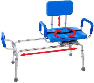 Carousel Sliding Shower transfer bench with Swivel Seat, BARIATRIC 600LB Capacity, Pivoting Arms for Tubs, Blue.
