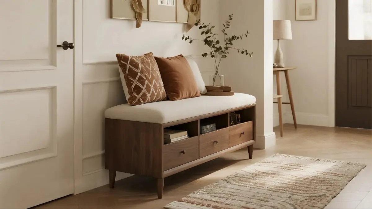 A cozy entryway featuring a wooden bench with pillows, storage drawers, and a vase, complemented by a decorative rug and soft lighting.