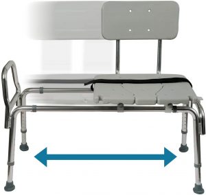 Sliding shower chair and heavy-duty tub transfer bench made of non-slip aluminum with adjustable seat height, gray.