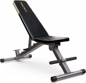 Adjustable weight bench for home gym with black seat and backrest.