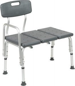 Bath & Shower Transfer Bench with Back and Side Arm, 300 Lb. capacity, gray.