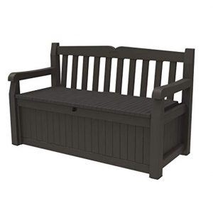 Keter Solana 70 Gallon Storage Bench Deck Box for Patio Furniture, Front Porch Decor, and Outdoor Seating.
