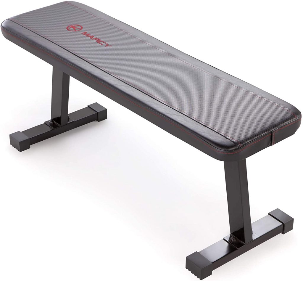 Marcy SB-315 black padded weight bench with red stitching and a sturdy metallic frame, designed for strength training workouts.