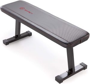 Marcy SB-315 black padded weight bench with red stitching and a sturdy metallic frame, designed for strength training workouts.