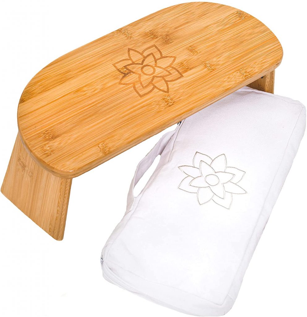 Wooden Seiza Kneeling Meditation Stool for zen meditating posture and portable travel carry bag.
