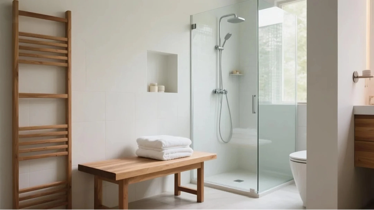 Modern bathroom featuring a glass shower, wooden bench with towels, and a wooden ladder for hanging. Soft natural light fills the space.