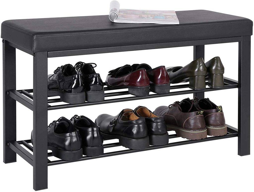 3-Tier Shoe Rack for Entryway Bench, Storage Organizer with Foam Padded Seat, Faux Leather, Metal Frame.