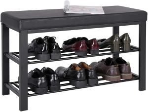 3-Tier Shoe Rack for Entryway Bench, Storage Organizer with Foam Padded Seat, Faux Leather, Metal Frame.