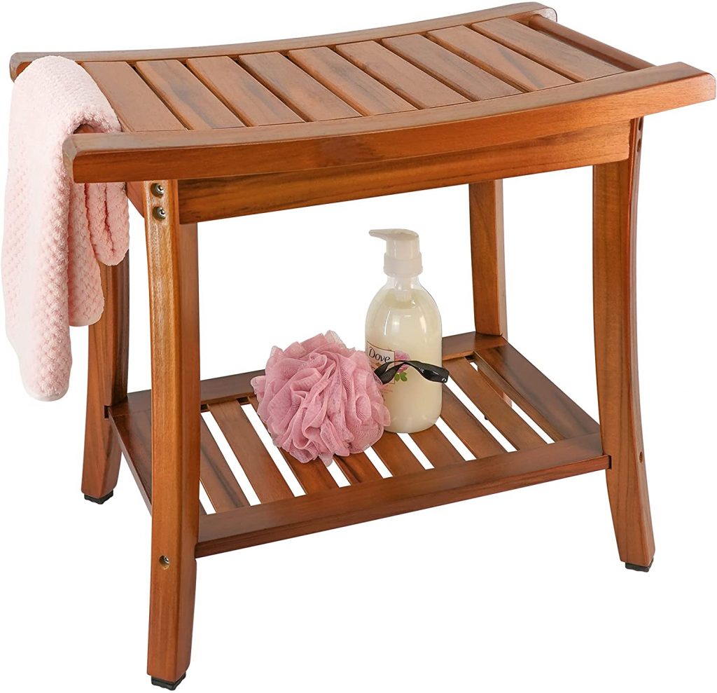 Indoor-outdoor teak shower portable waterproof bench seat with towel shelf and handles.
