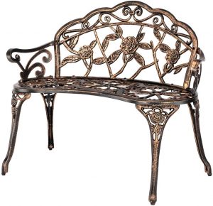 Patio Park Garden Outdoor Metal Rose Bench, Cast Iron Cast Aluminium Frame Antique Finish Chair.