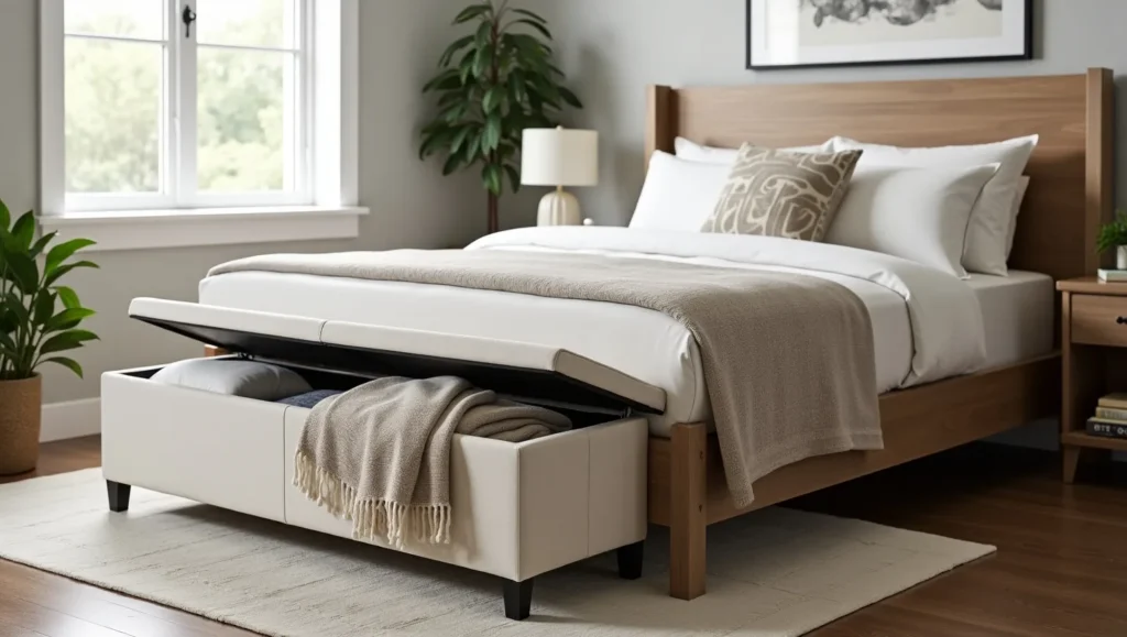 A cozy bedroom featuring a wooden bed with white bedding, a blanket draped over, and a storage ottoman with blankets inside.