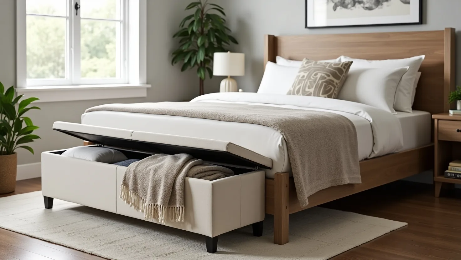 A cozy bedroom featuring a wooden bed with white bedding, a blanket draped over, and a storage ottoman with blankets inside.