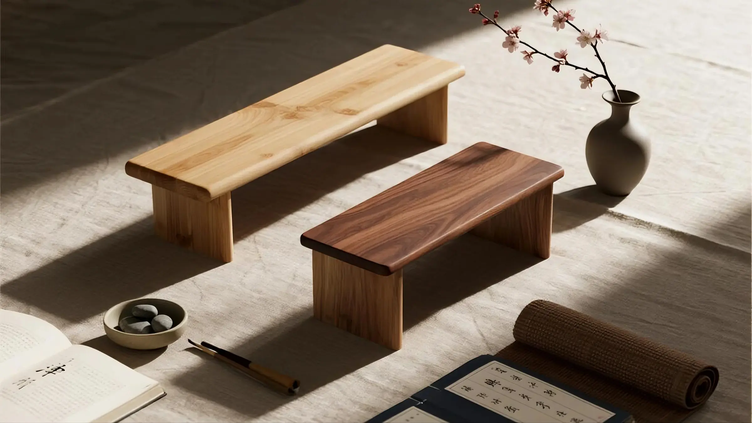 Two wooden benches, one light and one dark, are displayed on a textured surface alongside a vase with flowers and scattered stationery.