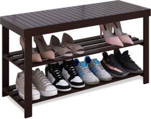 SMIBUY wooden shoe rack with three shelves, displaying high heels, sandals, and various sneakers, organized neatly for easy access.