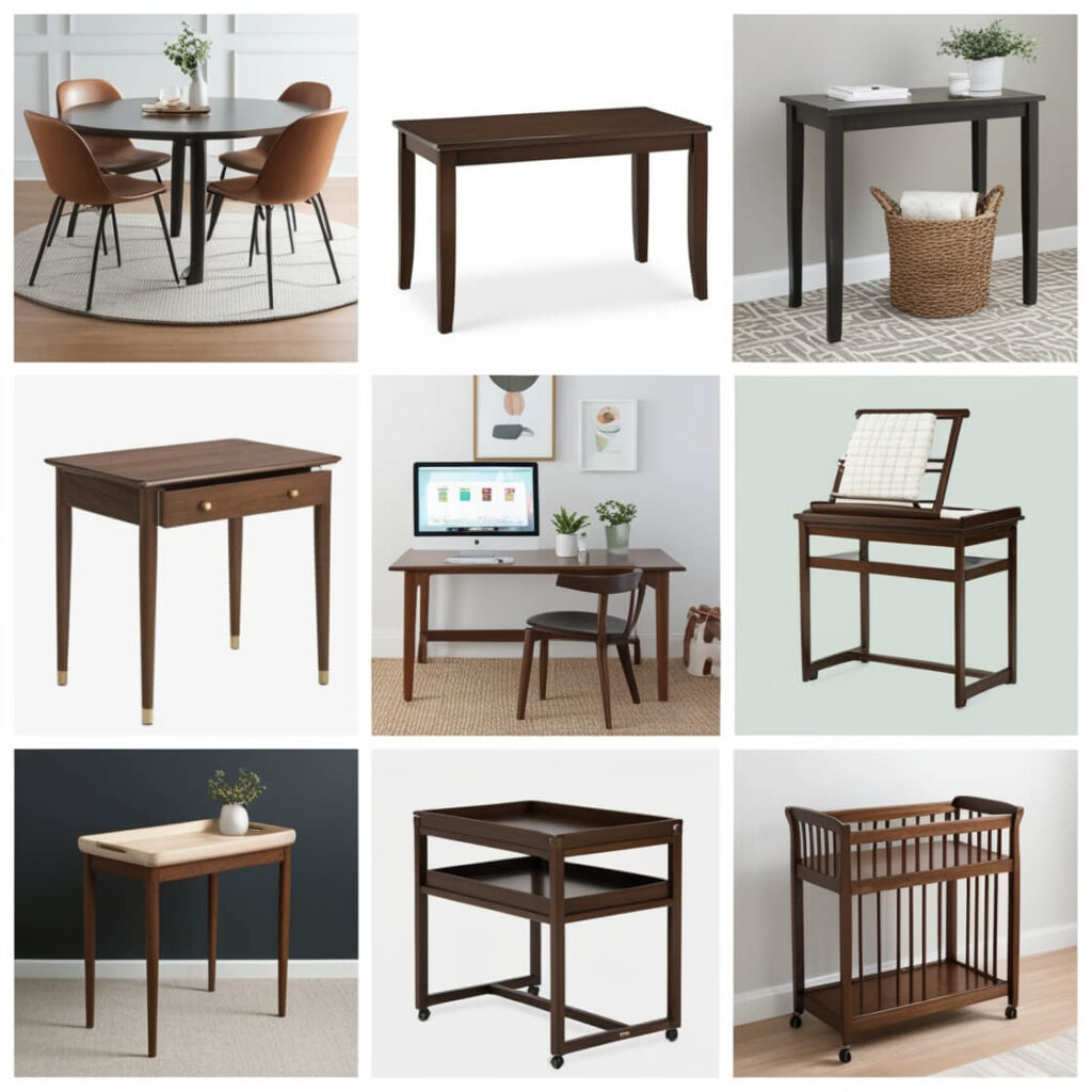 Collage of various dark wood furniture pieces including tables, desks, and a baby changing station