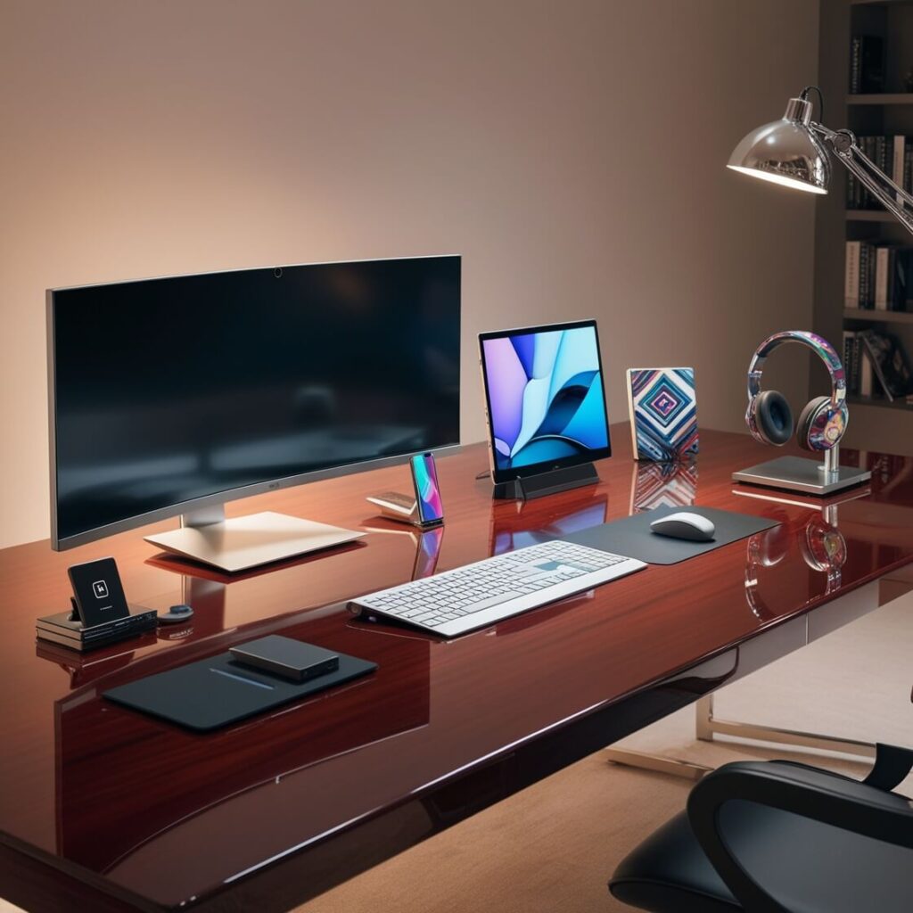 Modern home office setup with a curved monitor, tablet, smartphone, wireless keyboard, and colorful headphones on a sleek wooden desk.