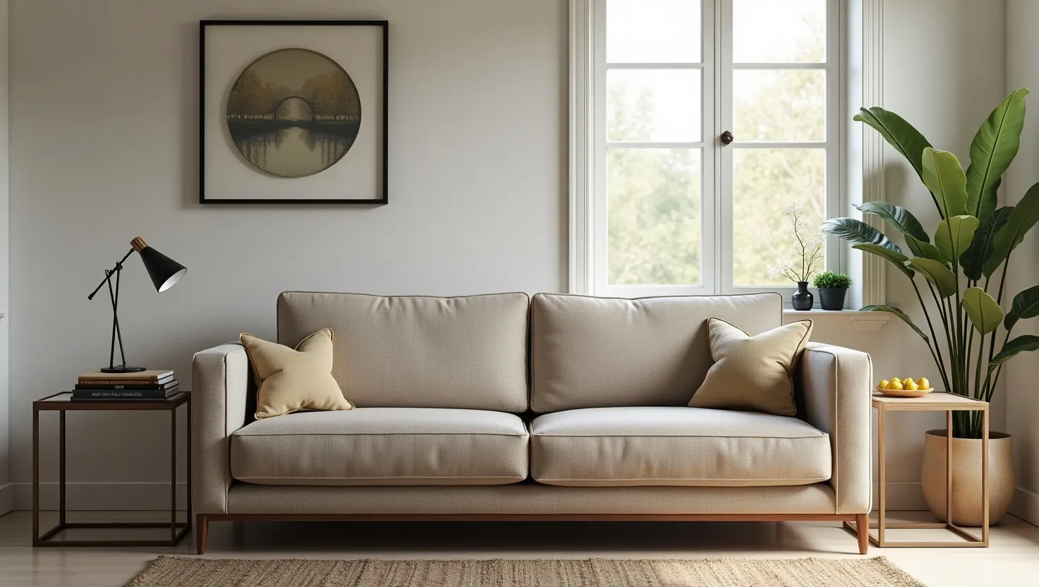 A contemporary beige three-seater sofa with wooden legs, featuring two yellow throw pillows, styled in a bright living room with a large window, a black desk lamp, and a tall indoor plant.