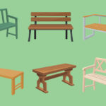 Illustration of six different styles of benches and tables in various colors and designs on a green background.