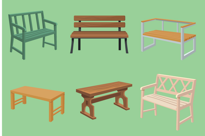 Illustration of six different styles of benches and tables in various colors and designs on a green background.