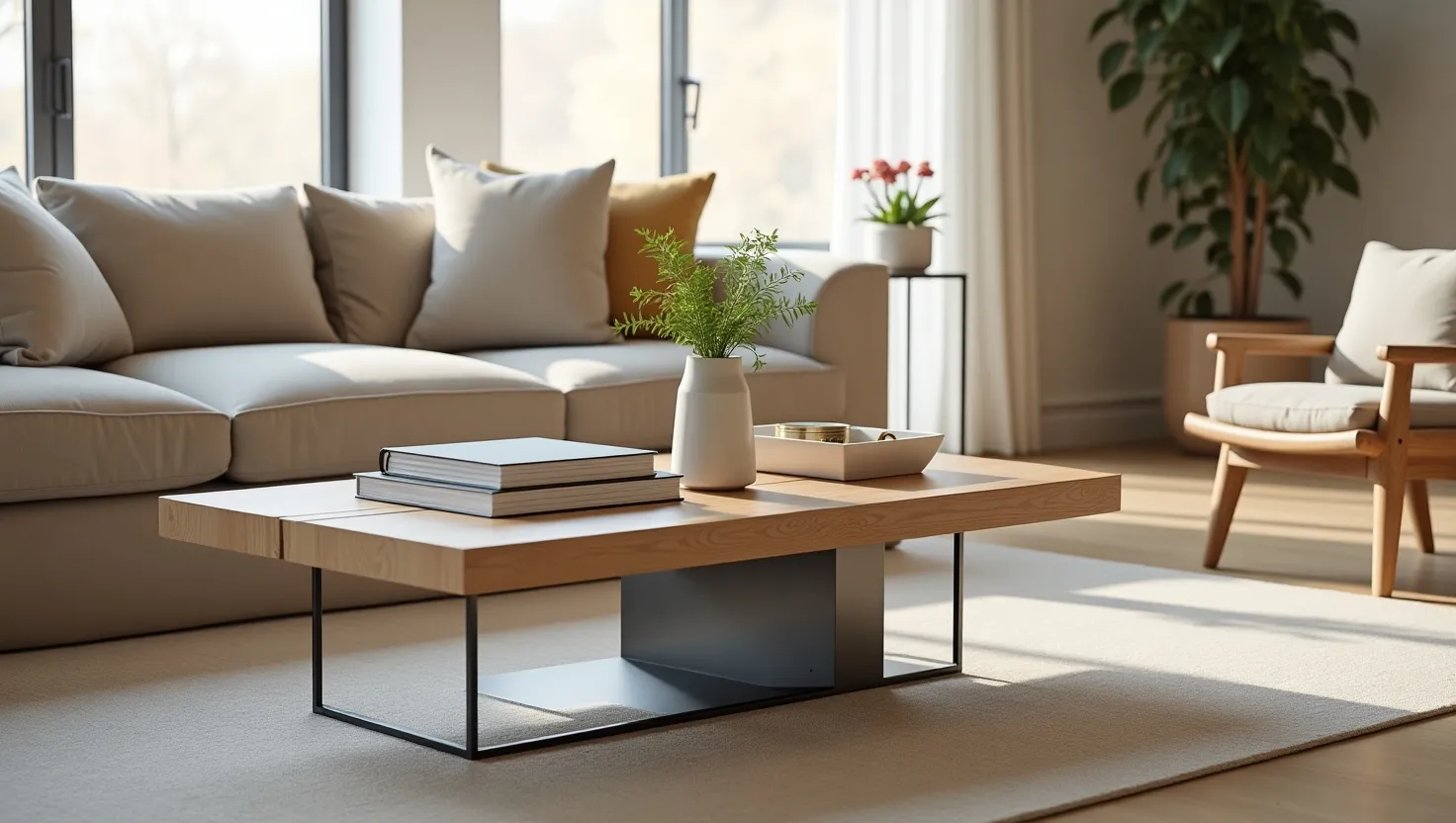 A cozy living room scene featuring a modern coffee table with books, a vase of greenery, and soft seating by large windows.