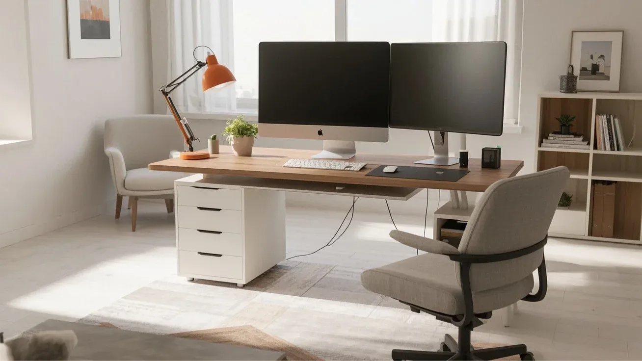 Bright modern office with a wooden desk, dual monitors, a stylish lamp, and a cozy chair, featuring light decor and plants.