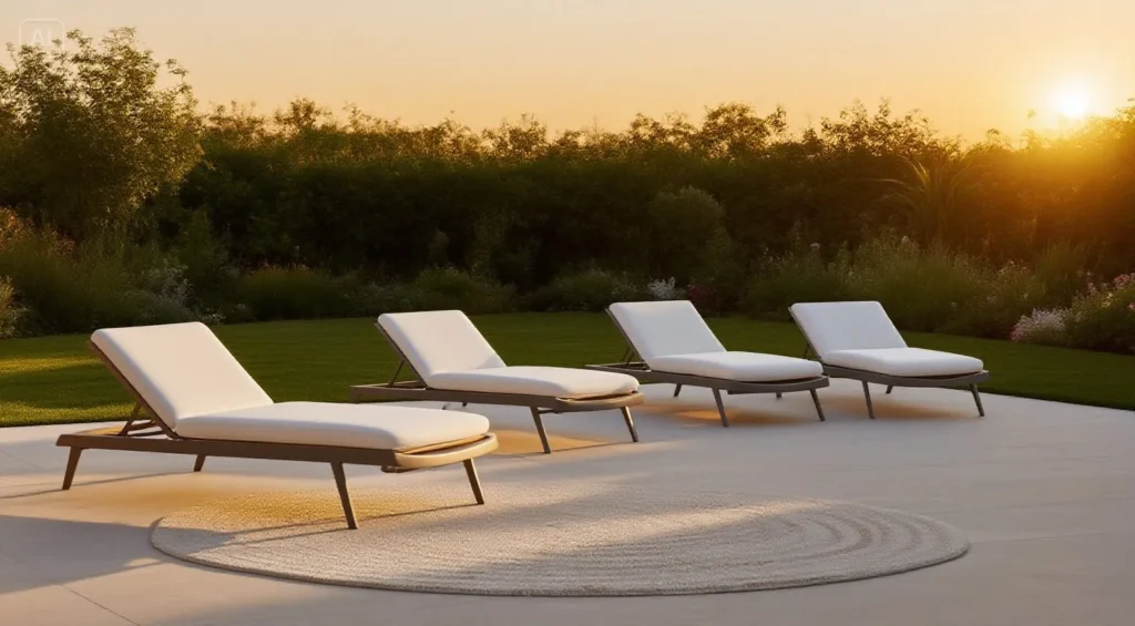 modern white lounge chairs patio sunset