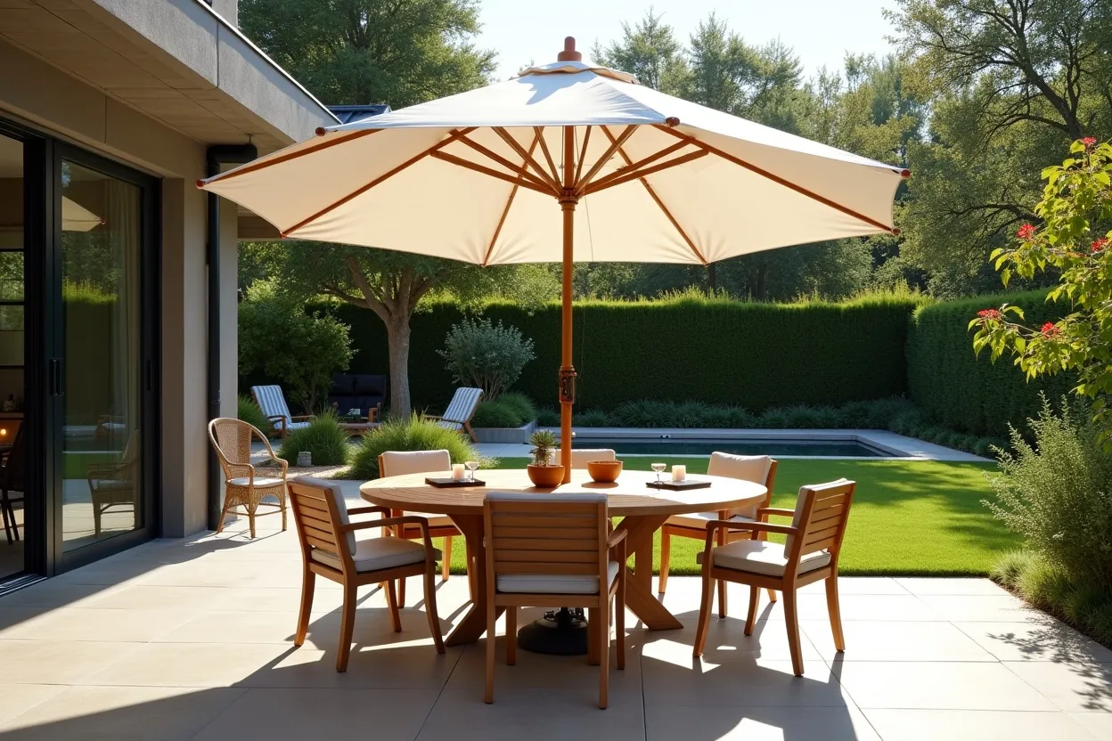 A round wooden patio dining set with a large white umbrella, situated on a modern stone terrace overlooking a green lawn and swimming pool.