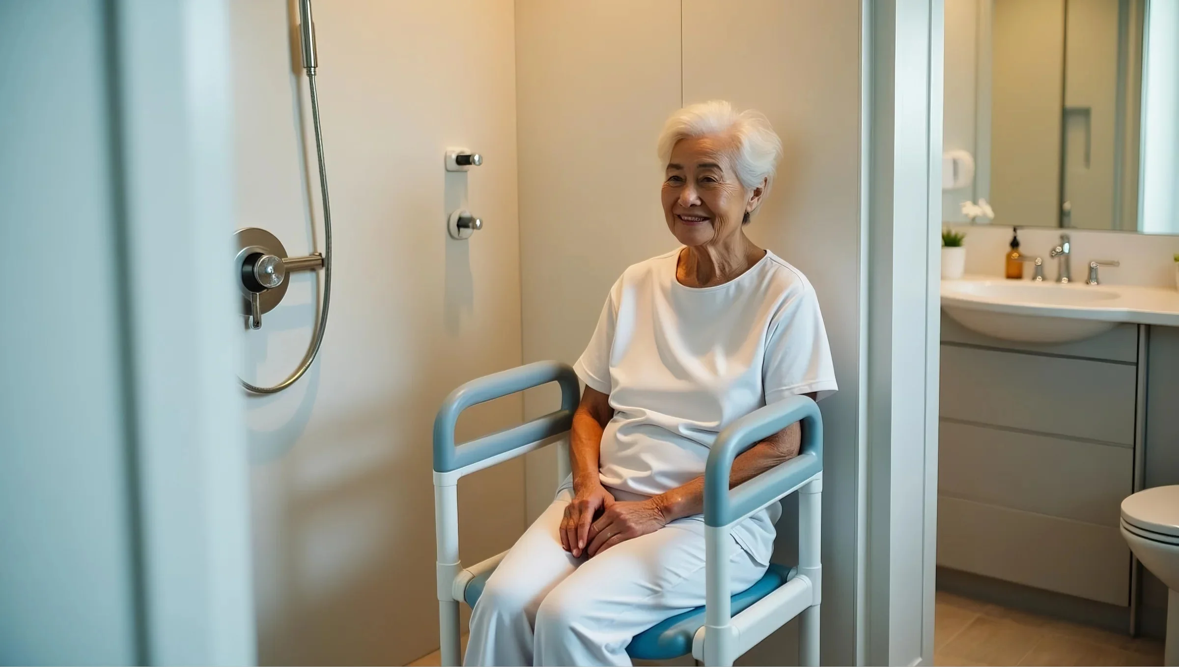 An elderly woman sits on a shower chair in a modern bathroom, with a grab bar and sink visible in the background.