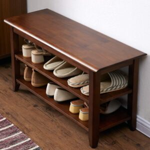 ACRO wooden shoe rack with various footwear, including heels, sandals, slippers, and casual shoes, against a light wall.