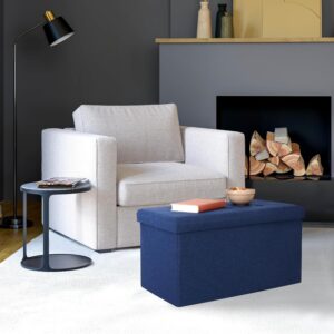 blue storage ottoman living room fireplace