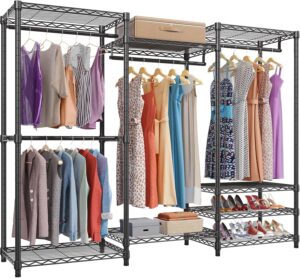 A large black wire garment rack organized with various dresses, shirts, and jackets on hangers, featuring multiple shelves for shoes and storage boxes.