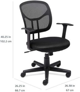 A black Amazon Basics mesh office chair displayed with dimension lines indicating a height of 40.25 inches (102.2 cm), a width of 26.38 inches (67 cm), and a depth of 26.25 inches (66.7 cm).