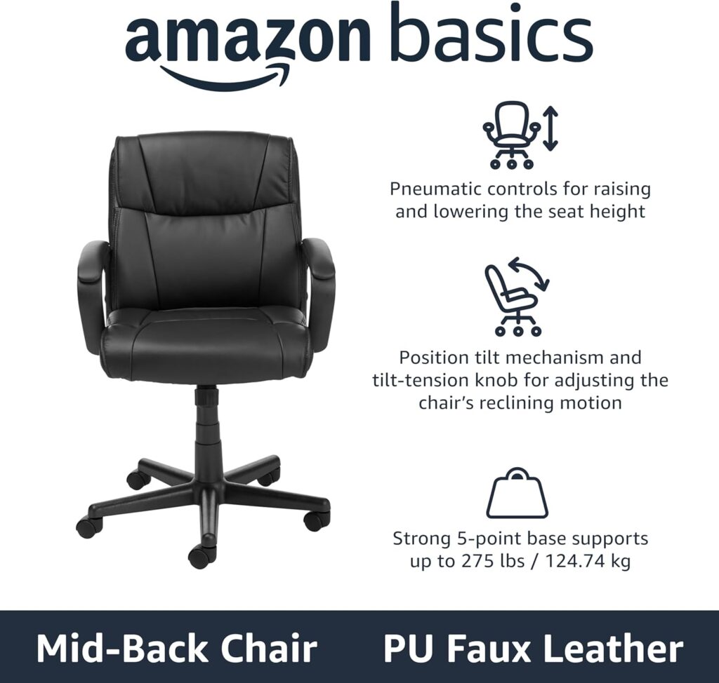 An Amazon Basics mid-back office chair in black PU faux leather, featuring infographics highlighting its pneumatic height controls, position tilt mechanism with a tilt-tension knob, and a strong 5-point base supporting up to 275 lbs.