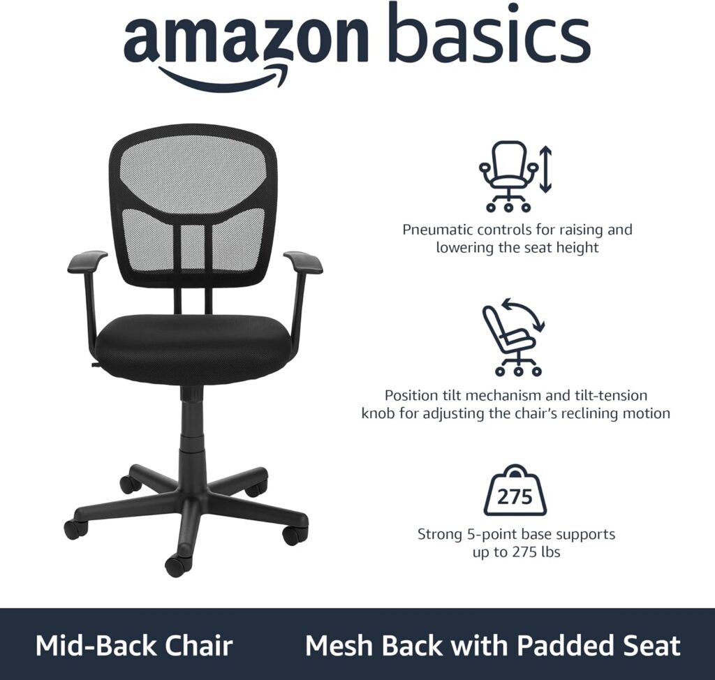 An Amazon Basics mid-back office chair featuring a black mesh backrest and padded seat, alongside infographics for pneumatic height adjustments and tilt mechanisms.