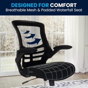 A product infographic banner titled "DESIGNED FOR COMFORT: Breathable Mesh & Padded Waterfall Seat," featuring a close-up of a black mesh office chair. Arrows illustrate airflow through the backrest, while a grid overlay details the 3-inch thick padded waterfall seat structure.