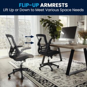 A product infographic banner titled "FLIP-UP ARMRESTS: Lift Up or Down to Meet Various Space Needs," demonstrating a black mesh ergonomic office chair being pushed neatly under a modern wooden desk by flipping up its adjustable armrests.
