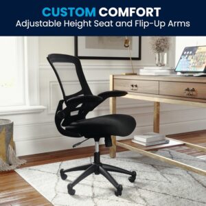 A product infographic banner titled "CUSTOM COMFORT: Adjustable Height Seat and Flip-Up Arms," showcasing a black ergonomic mesh office chair on a textured area rug next to a modern wooden desk setup with a laptop.