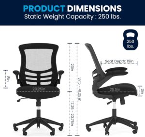 A product dimensions infographic titled "PRODUCT DIMENSIONS" for an office chair, showing front and profile views with a static weight capacity of 250 lbs. Measurements indicate a total height of 37.5 to 41.25 inches, seat height of 17.25 to 20.75 inches, seat width of 20.25 inches, seat depth of 19 inches, and armrest height of 8 inches.