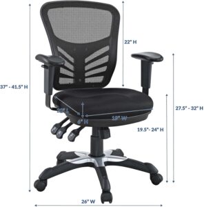 A product diagram of a black ergonomic mesh office chair specifying its dimensions. The measurements shown indicate an overall height of 37 to 41.5 inches, a backrest height of 22 inches, an adjustable armrest height of 27.5 to 32 inches, an adjustable seat height of 19.5 to 24 inches, a seat length of 20 inches, a seat width of 19 inches, a seat cushion thickness of 6 inches, and a base width of 26 inches.