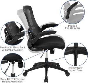 A product infographic featuring a black mesh ergonomic office chair with a transparent overlays showing its reclining backrest movement. Four circular inset diagrams highlight its key components: padded flip-up arms, a breathable mesh back with lumbar support, a heavy-duty nylon star base, and controls for back tilt, tilt tension, and height adjustment.