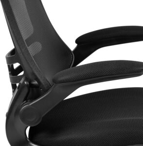 A detailed close-up shot of a black ergonomic office chair, highlighting the breathable mesh backrest with built-in lumbar support frame and the padded, textured flip-up armrests.