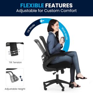 A product infographic titled "FLEXIBLE FEATURES: Adjustable for Custom Comfort" showing a woman sitting on an ergonomic office chair. The graphic highlights an upright "Work Mode" and a reclining "Tilt Mode," alongside smaller detail insets demonstrating the "Tilt Tension" knob and the lever for "Adjustable Height.