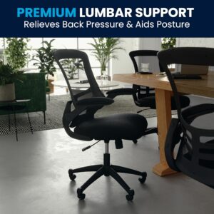A product infographic banner titled "PREMIUM LUMBAR SUPPORT: Relieves Back Pressure & Aids Posture," featuring a black ergonomic mesh office chair set around a wooden conference table in a modern office environment.