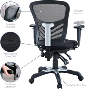 A detailed close-up shot under the seat of a black office chair, highlighting the multi-functional mechanical control system with three distinct adjustment paddle levers for managing the seat height, back tilt angle, and tilt lock positions.