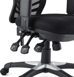 A close-up shot focusing on the multi-functional mechanism beneath an office chair seat, highlighting three individual ergonomic paddle levers used to control seat height, back tilt angle, and tilt locking functions next to a two-tone star base.
