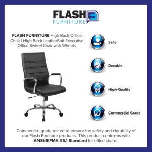 A product infographic for Flash Furniture featuring a high-back black leather executive office chair with a chrome base. The graphic includes badges highlighting that the chair is safe, durable, high-quality, and commercial grade, conforming to the ANSI/BIFMA X5.1 standard for office chairs.