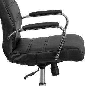 A detailed rear and profile view of a high-back black leather executive office chair, showing the smooth upholstery on the backrest, the polished chrome frame support structure, the underside pneumatic lever, and the gleaming chrome star base with dual-wheel casters.