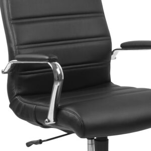 A detailed close-up shot of a high-back black leather executive office chair, highlighting the horizontal ribbed stitching on the padded backrest, cushioned seat, and sleek polished chrome armrests with black padding.