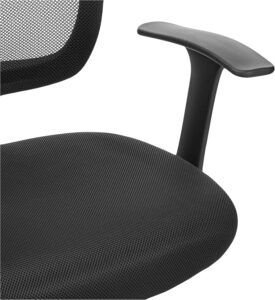 A detailed close-up shot of a black office chair, showcasing the breathable mesh fabric on the padded seat and backrest, alongside a contoured black T-shaped armrest.